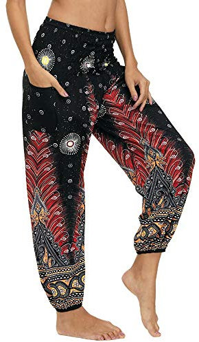 Nuofengkudu Damen Hippie Hosen mit Taschen Haremshosen Leichte Boho Muster Bunt High Waist Yogahosen Sommer Lockere Umstandshose Freizeithose (Brauner Pfau,One Size)
