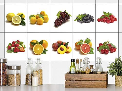 GRAZDesign Fliesenaufkleber Küche Obst auf Weiß, Klebefliese Wandfliese selbstklebend - Set 40 Stück