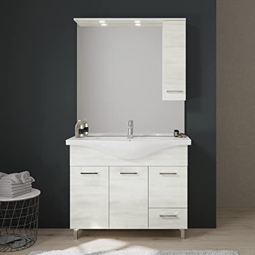 Kiamami Valentina Mobile bagno a terra 105cm quercia bianco con 3 ante, cassetto e specchio con pensile Rimini