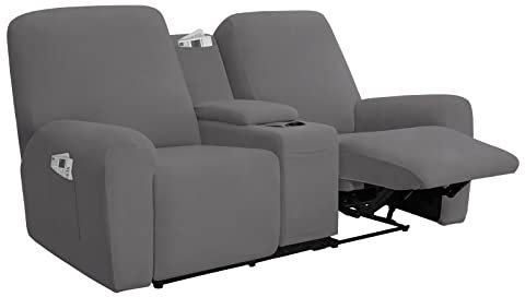 Easy-Going Housse de canapé 2 places en polaire extensible avec porte-gobelet et rangement pour console centrale - Lavable - Gris clair