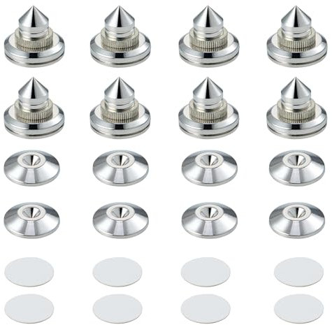 Pailvens Haut-Parleur Pointes de Découplage, 8 Pièces Pieds Enceintes HiFi avec Base Pad Tapis, 16 Pièces Tampons adhésifs, Réglables en Hauteur, Support pour Lecteur CD, DVD, Audio, Argent