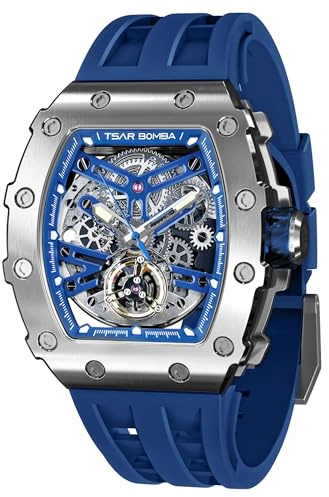TSAR BOMBA Luxus Herren Automatik Mechanische Uhr Kohlefaser/Gehäuse aus Keramik/Fluorkautschuk/Tonneau-Uhr/Leuchtend/Elegante Geschenke für Männer