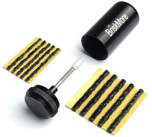 BriskMore Black Tubeless Bicycle Tire Repair Kit for Mountain and Hybird Bike Tires – Fix a Puncture or Flat, Stainless Steel Needle with Reamer, Storage Canister, 40 Black Tire Plugs