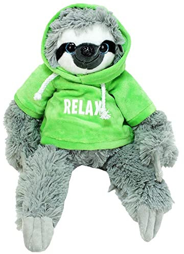 BEMIRO Faultier Kuscheltier mit Kapuze - grün Relax - ca. 40 cm, Faultier Kuscheltier mit Pulli, Kletthände zum anhängen, Plüschtier Faultier mit Hoodie