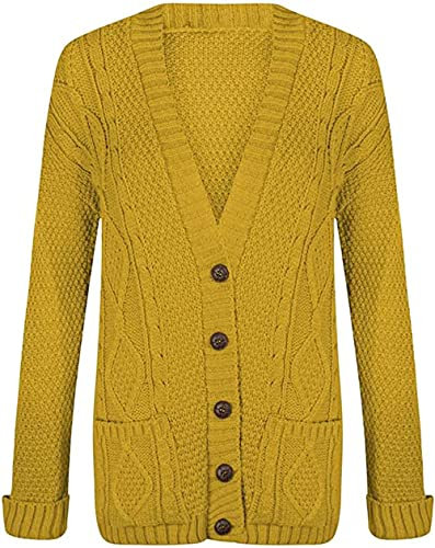 Purple Hanger Women’s New Long Sleeves Ladies Chunky Aran Cable Knit Button Grandad Cardigan Sweater Plus Size 8-26 (20-22, Mustard)