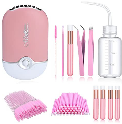 Aussido 159 PCS Eyelash Fan Set Lash Fan for Eyelash Extension Dryer, Lash Shampoo Brushes,Plastic Wash Squeeze Bottle,Disposable Eyelash Mascara Brushes, Micro Applicator Brushes and Tweezers, Pink