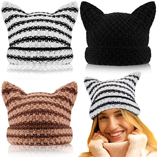 3 Pcs Frauen Gestrickte Katze Beanie Streifen Winter Warme Kappe mit Teufelshorn Grunge Zubehör Slouchy Hut Häkeln Beanie mit Ohren, Klassische Farben, Medium