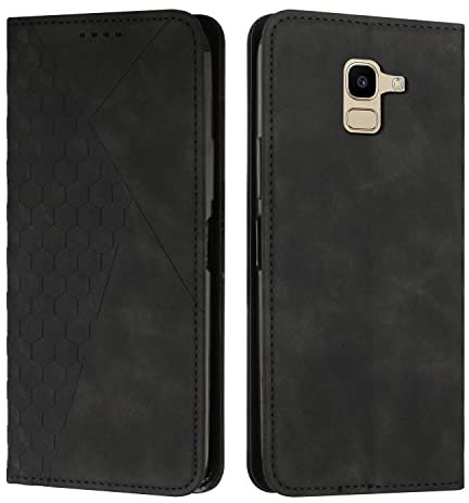 KOUYI Kompatible mit Samsung Galaxy J6 2018 Hülle, Retro Premium PU Leder Weich TPU Klapphülle Kartenfächer Magnetic Standfunktion Flip Wallet Shockproof Handyhülle (Schwarz)
