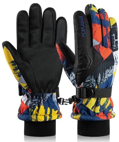 POPUBABI Wasserdichte Gefütterte Skihandschuhe für Kinder - Stilvoll, Winddicht und Warm für Jungen und Mädchen - Fahrradhandschuhe für 3-12 Jahre