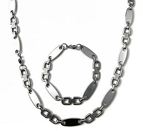 ayados Plattenkette Set Edelstahl 60,5 cm Steigbügelkette Cuban Halskette + Armband Platten Kette (Silber 10,5mm Plattenkette Set)