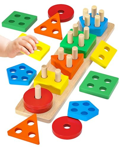 Uping Holzspielzeug Sortierspielzeug ab 1 Jahr Motorik Lernspielzeug, Farben-und Formen Sortierspiel Puzzles Stapelspielzeug Lernspielzeug für Baby-Jungen & Mädchen ab 1 2 3 Jahr