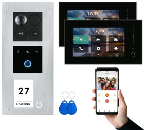 BALTER ERA Silber IP Unterputz Video-Türsprechanlage mit Fingerprint Set 1 Familienhaus (1x Türstation mit Full HD Kamera, 2x Touchscreen 7 WiFi-Monitor Schwarz, Android & iOS APP, 2-Draht, RFID)