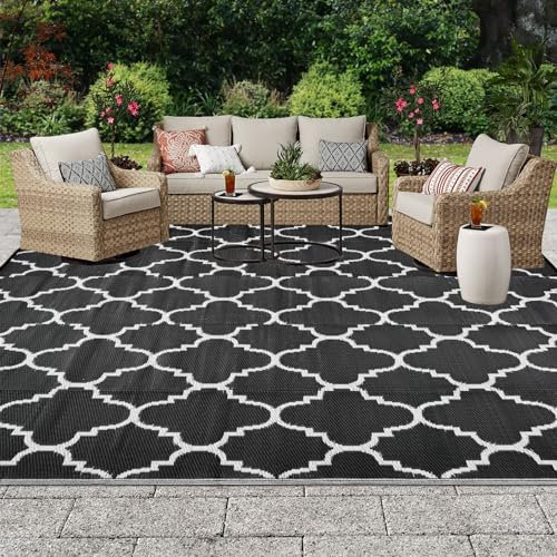 OIGAE Outdoor Rug - Reversible Plastic Black Rug 120X180CM Weather & UV Resistant Rugs for Garden,Patios, Camping, Beach & Picnics Lightweight Waterproof Carpet Foldable Mat