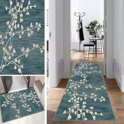 Blau Läufer Teppich Lang Vintage Flur Läufer rutschfest Waschbar 50x200cm Modern Blattmuster Dauerhaft Läuferteppich TeppichLäufer Küchen Korridor Polyester Anpassbar Meterware