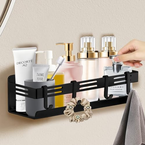 Pyrrhonian Étagère de Douche Auto-adhésif, Etagere Rangement Salle de Bain sans Perçage, Noir Mat Acier Inoxydable, Adhésive Panier de Douche avec 4 Crochets pour Salle de Bain, Cuisine (1 Black)