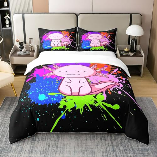 richhome Cute Axolotl Bettwäsche Set Aquarell Graffiti Bettbezug Set Kawaii Axolotl Bettbezug Hippie Art Malerei Bettbezug Abdeckung 135x200 100% Baumwolle