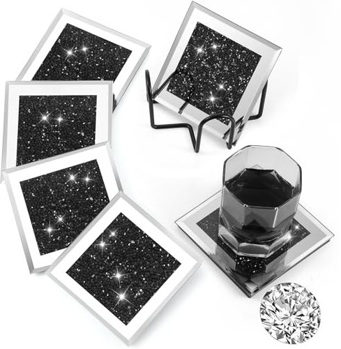 Jetec Crushed Diamond Home Decoration Glass Coaster Set of 6 with 1 Holder, Crystal Mirrored Diamond Coasters Housewarming Gifts for Home Kitchen Bar Table(Black)