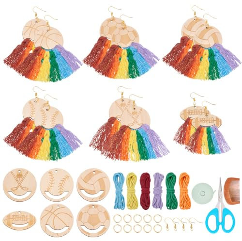 FREEBLOSS 12 Paar Boho Makramee Ohrring Bastelset, Regenbogenfarbenes Makramee Quasten Ohrring Set, Bohemian Fransen Makramee Ohrringe Mit Holzspänen, Makramee Set Für Anfänger