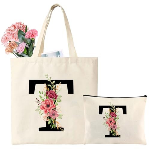 Personalisierte Baumwolltasche Initial Canvas Tote Bags, Tragetasche mit Buchstaben, Initialen Einkaufstaschen Kosmetiktasche Geschenk für Frauen Mama Kollegin zum Geburtstag, Weihnachten (T)