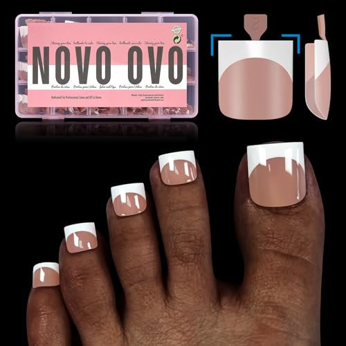 NOVO OVO French Tip Toe Nail Tips Press on, Extension de faux ongles en gel doux carré, BROWN PINK Pré-appliqué Tip Primer & Base Coat, Couverture complète Acrylique pour DIY x 15 Tailles 240 pcs