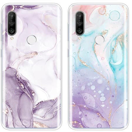 SEHEYA 2 Stück Hüllen für Huawei P30 Lite Hülle Silikon Süß Druck Weiche TPU Klare Handyhülle mit Motiv Ultra Dünne Kamera Schutz Case Schutzhülle Cover, Marmor Lila Rosa