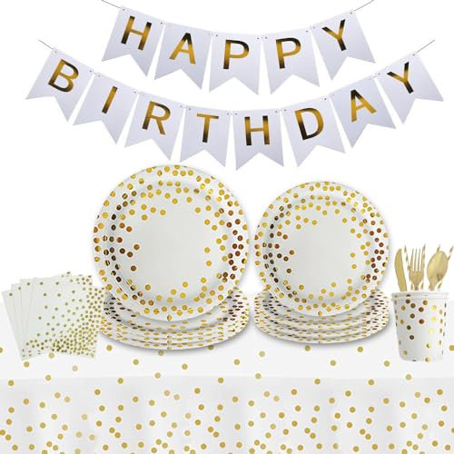 FESTIVE TABLEWARE Theme sets (16 guests) 130 Pieces Party Tableware Contains Party Plates 9 + 7 Cups and Napkins Straws (Re-usable)Spoons Knives Forks Table cover and a Free banner (white gold)