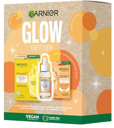 Garnier Vitamin C Glow Getter Giftset - Brightens Skin, Reduces Dark Spots & Evens Skin Tone - For Dull Skin - Cruelty Free & Vegan - Pack of 30ml Face Serum, Face Sheet Mask & Eye Sheet Mask