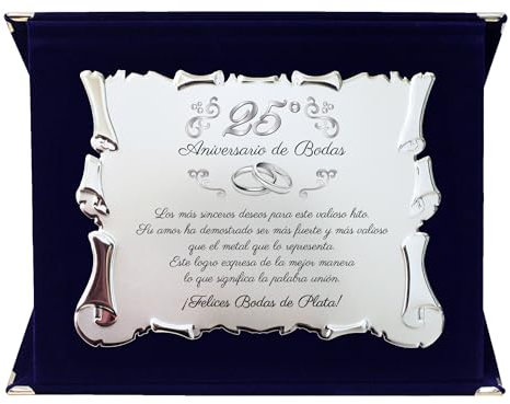 Placa Regalo 25 Aniversario de Bodas | Celebración Bodas de Plata | Tarjeta Color Plata con Estuche de Terciopelo Azul