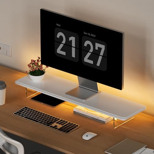 AFOOYO Soporte elevador para monitor, 31.5 pulgadas de madera con luz LED, soporte para monitor de computadora con patas acrílicas ajustables, accesorios de escritorio, soporte organizador de