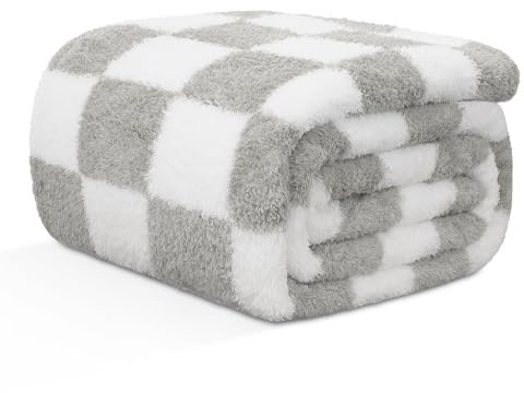 EMME Kuscheldecke Flauschige Sherpa - Karierte Decke, Weiche Warme Wolldecke&Fleecedecke, Tagesdecke, Überwurfdecke, Decke für Sofa, Couch, Grau, 130 x 150 cm