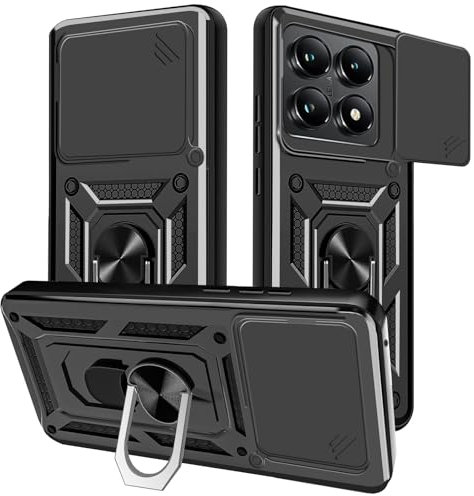 Yutwo Cover per Xiaomi 14T Pro, Custodia Antiurto Scorrevole con Protezione Fotocamera, 360° Rotante Anello Supporto, TPU+PC - Nero