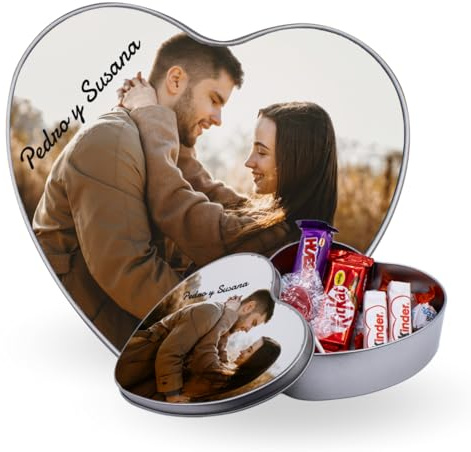 DEREGALOOS Caja de bombones de lata personalizada con foto. Lata en forma de corazón. Regalo para Parejas, San Valentín, Aniversarios. Blanca/Plata. Opción de añadir chocolates o chuches (Caja Plata)