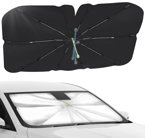 OVOISSTIY Parasol Coche Delantero, Parasol Paraguas Coche Delantero con Anti UV Rayos y Aislamiento Térmico, Sombrilla Plegable para Coche para Mayoría de Coches SUV Camiones(140 x 75 cm)