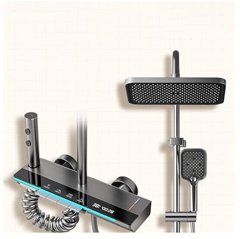 Ducha Termostática Inteligente con Cabezal De Ducha Tipo Lluvia De 30 Cm, Ducha De Mano De 3 Modos Y Pantalla LED De Temperatura, Diseño De Teclas De Piano con 4 Salidas, Ideal For Baño (Gris)