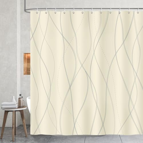 COZZSNUGE Duschvorhang 183 x 183 cm Moderne Streifen, Grau und Gelb Gestreift Duschvorhänge Anti-schimmel Wasserdicht Polyester Stoff Badvorhang mit 12 Duschvorhangringen