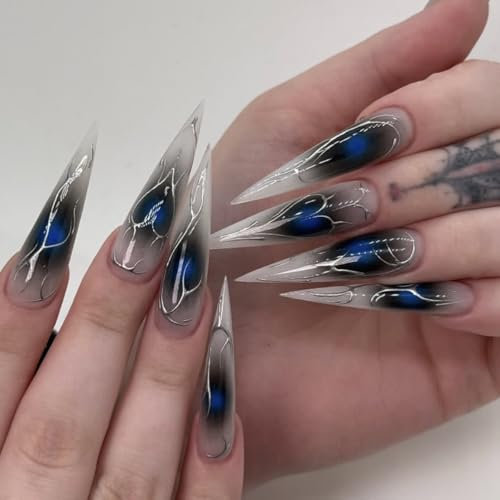 MouyouGlow Glow Press on Nails Long, Stiletto Halloween Airbrushing Black Heart Silver Striped Gothic Fake Nails with Nail Glue, Black Heart Silver Twill Artificial Fingernails