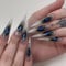 MouyouGlow Glow Press on Nails Long, Stiletto Halloween Airbrushing Black Heart Silver Striped Gothic Fake Nails with Nail Glue, Black Heart Silver Twill Artificial Fingernails