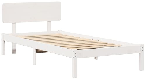 vidaXL Bettgestell mit Kopfteil Weiß 90 x 190 cm, Moderne Schlafzimmer-Einrichtung, Elegantes rechteckiges Bett, Kiefernholzrahmen, stilvolle Deko, bequemer Schlafplatz