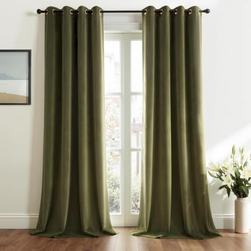 Topfinel Olivgrün Samtvorhang Ösen, Blickdichte Vorhänge 2er Set 140x225cm für Deko Schlafzimmer Wohnzimmer,Weich Vorhang Samt Verdunkelung Velvet Curtains, Verdunkelung Samt Gardinen Blickdicht