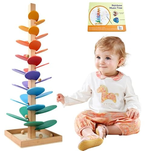 Hojalis Music Tree Wooden Marble Run, Wooden Rainbow Tree with 1 Base, 10 Bead, Montessori Sound Trees for Kids, Colorful Rolling Ball Tower, Rainbow Ball Tower for Girls and Boys
