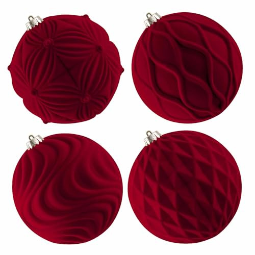 Lanpn 4 STK 15cm Große Samt Weihnachtskugeln, Grosse Beflockt Weihnachtsbaum Kugeln, XXL Christbaumkugeln, Riesen Tannenbaum Kugel Weihnachtsdeko Christbaum-Schmuck für Winterurlaub Party, Rot