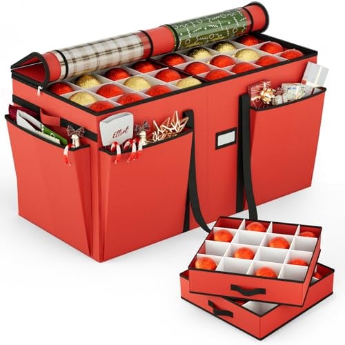 VERONLY Christmas Bauble Storage Box with Dividers- Xmas Ornament Storage Container with Tray,Holiday Decor Bin for 128 Balls(Red)