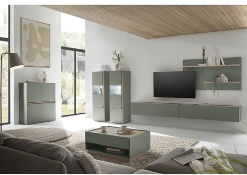 Lomadox Wohnzimmer Set in grün mit Eiche inkl. Beleuchtung, 7-teilig mit Couchtisch & Highboard