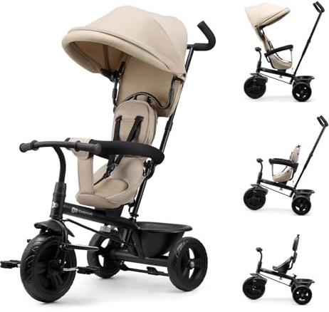 Kinderkraft Freeway 2 Dreirad Kinder mit Schiebegriff, 360° drehbarer Sitz, Freilauf, Schutzbügel, 3-Punkt-Gurt, AIR Comfort System, ab 9 Monaten bis 5 Jahre, Beige