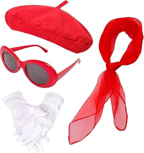 IHLOOTD Baskenmütze Damen Set 5 Baskenmütze Sonnenbrille Handschuhe Schal für Karneval