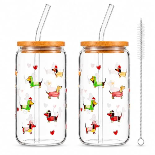 QMLING Regalos de perro salchicha, 500 ml, cristal con tapa y pajita, taza de perro salchicha, vasos con tapa de madera, vaso con pajita y tapa de bambú para bebidas calientes y frías (2 vasos)