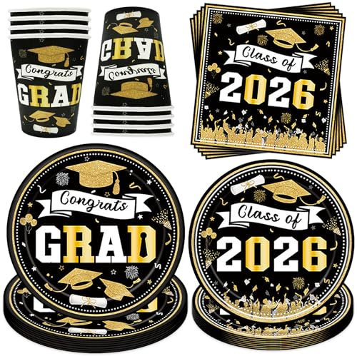 Set di stoviglie per feste di laurea, 50 pezzi, con piatti di carta | Stoviglie decorative per feste di laurea, 2026, colore nero e oro, per feste di laurea, per 10 ospiti
