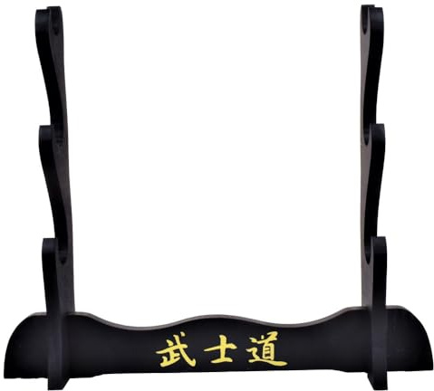 Generico Supporto Espositore da Tavolo in Legno per Katana, 3 Posti, Stile Samurai, Nero con Caratteri Dorati