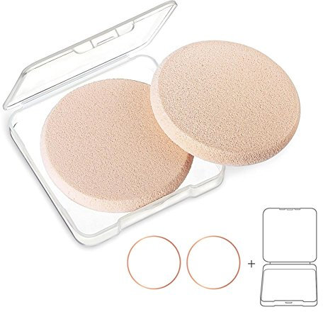 KOOBA 2pcs Round Makeup Sponges with 1 Travel Case, Beauty Face Primer Compact Powder Puff, Blender Sponge Replacement for Cosmetic Flawless Foundation, Sensitive and All Skin Types