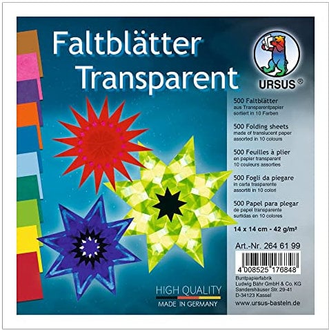 Ursus 2646199 - Faltblätter Transparentpapier, ca. 14 x 14 cm, 42 g/qm, 500 Blatt, sortiert in 10 Farben, durchgefärbt, ideale Grundlage für kreative Bastelarbeiten